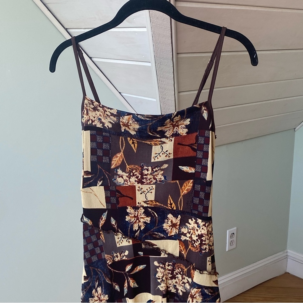 Mini Dress Womens Small Brown Floral Mesh Lined Stretch Strappy Ruffle Cider - Picture 3 of 9